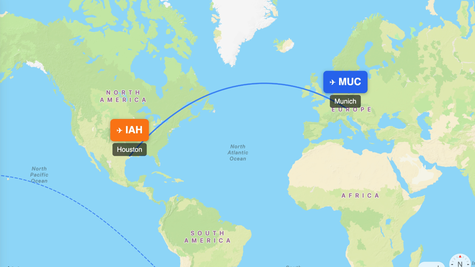Map showing flight range of Boeing 767-300ER from MUC