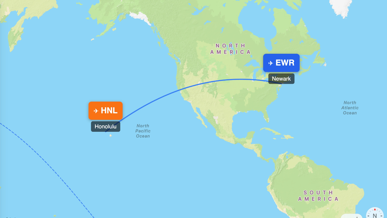 Map showing flight range of Boeing 767-400ER from EWR