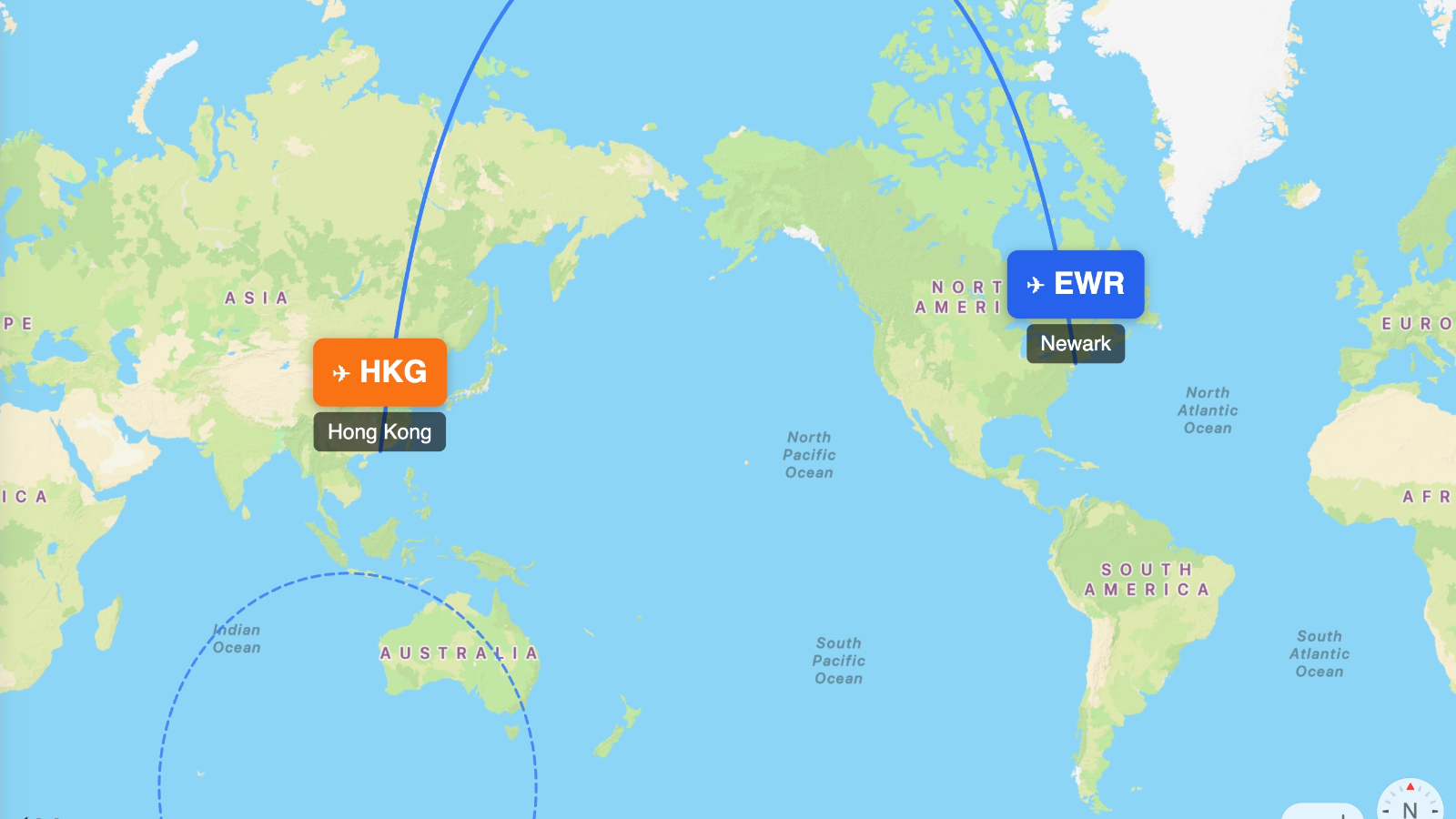 Map showing flight range of Boeing 777-200ER from EWR