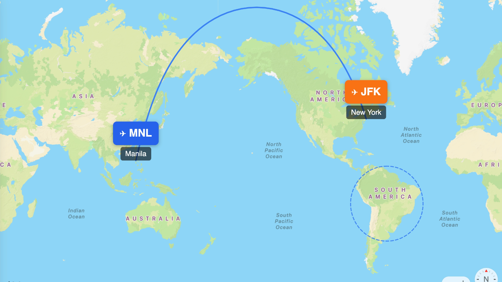 Map showing flight range of Boeing 777-300ER from MNL