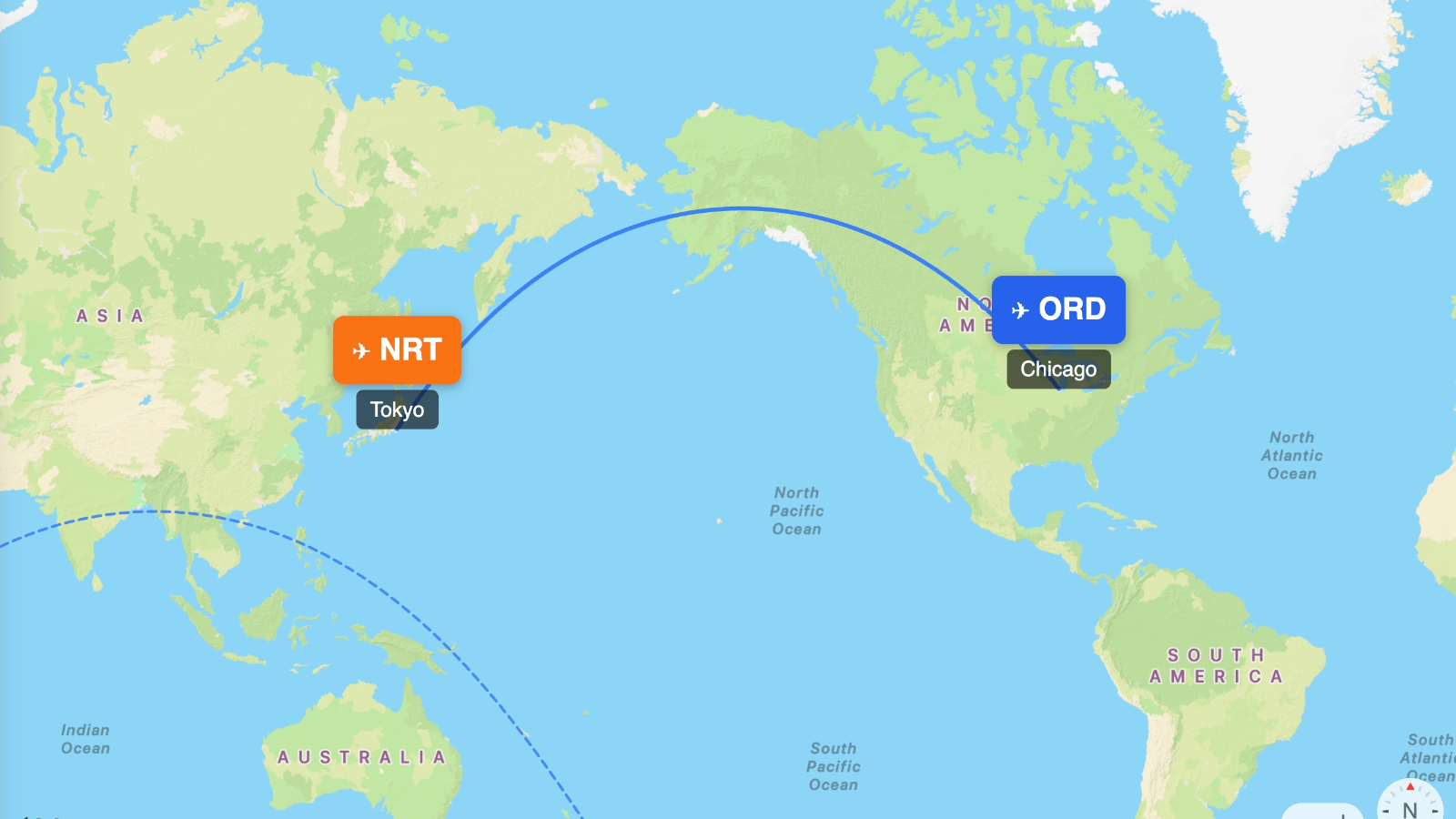 Map showing flight range of Boeing 787-10 from ORD