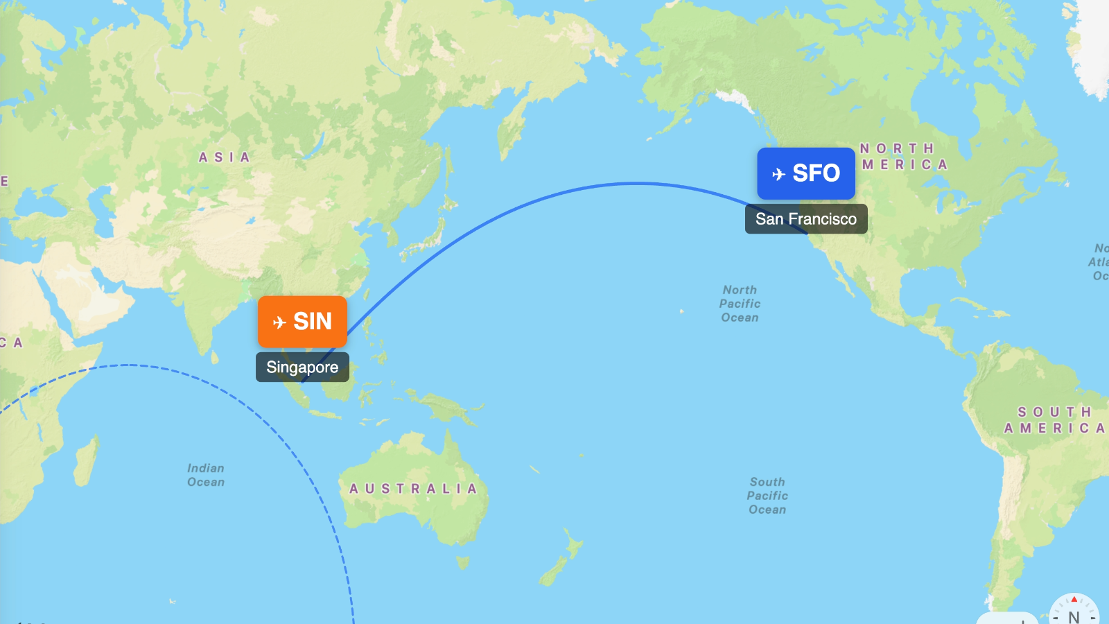 Map showing flight range of Boeing 787-8 from SFO
