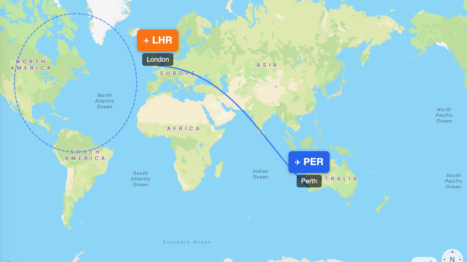 Map showing flight range of Boeing 787-9 from PER