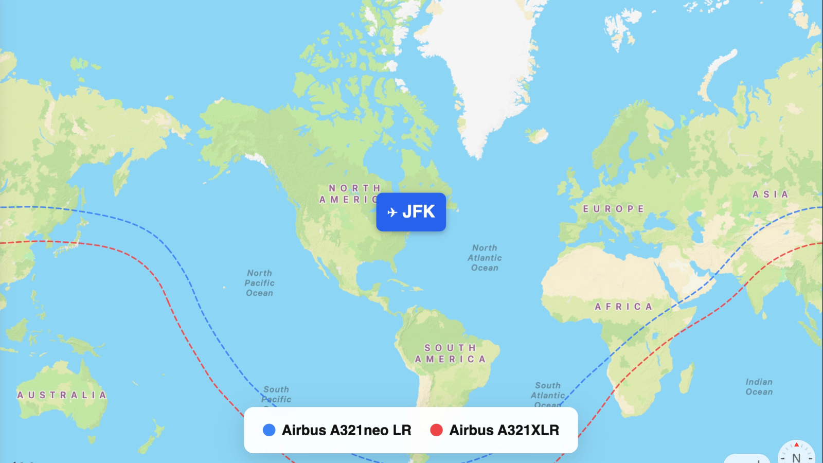 Map comparing range of A321neo LR and A321XLR