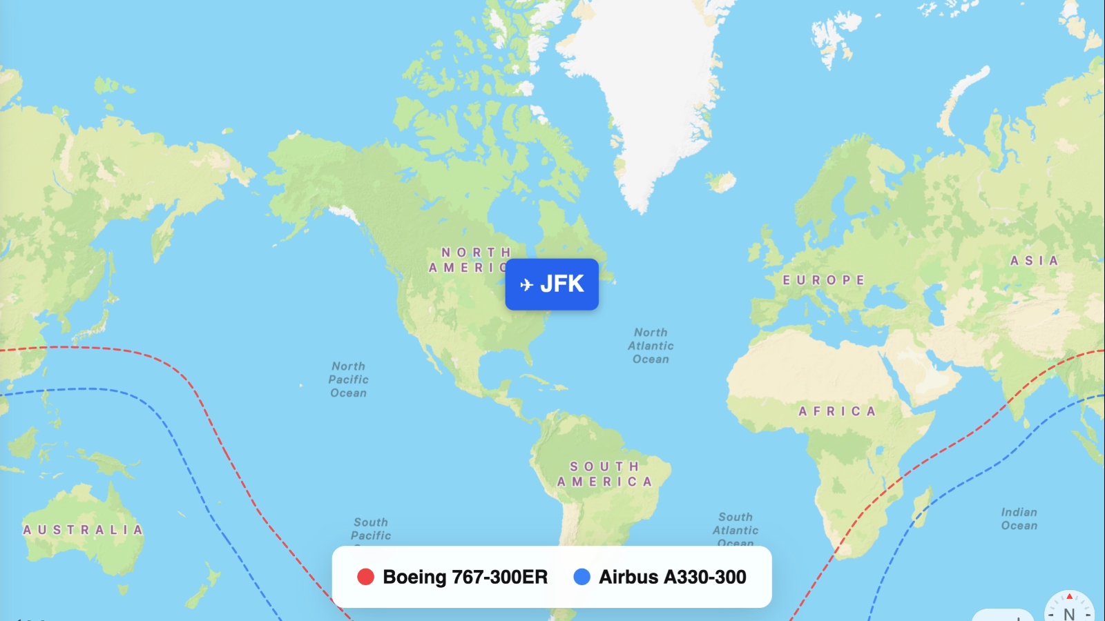 Map comparing range of A330-300 and 767-300ER