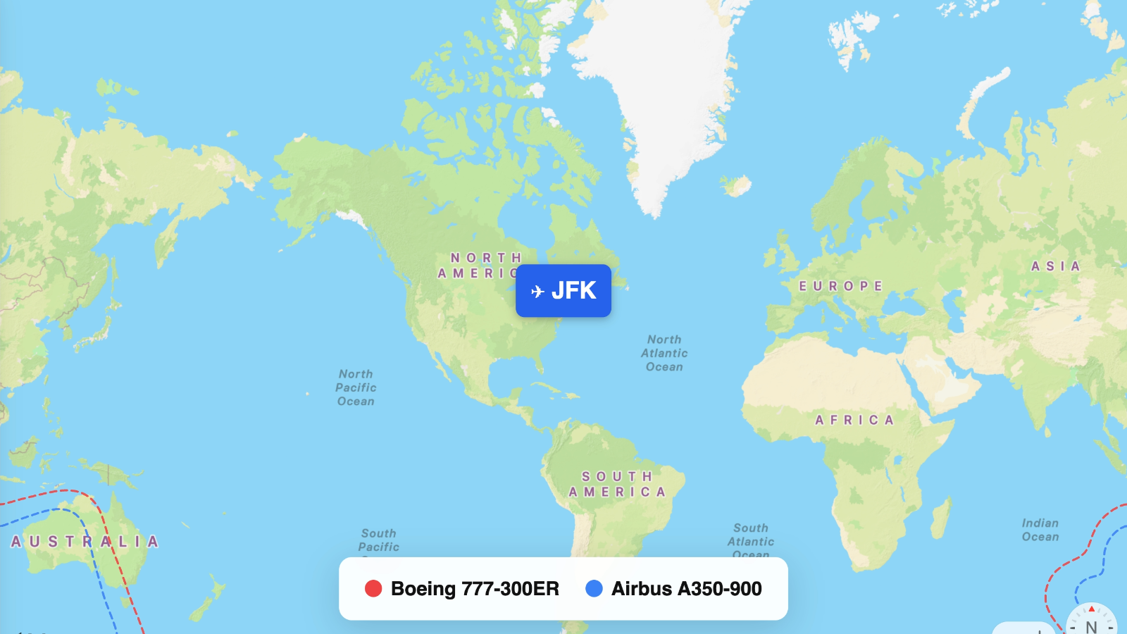 Map comparing range of A350-900 and 777-300ER