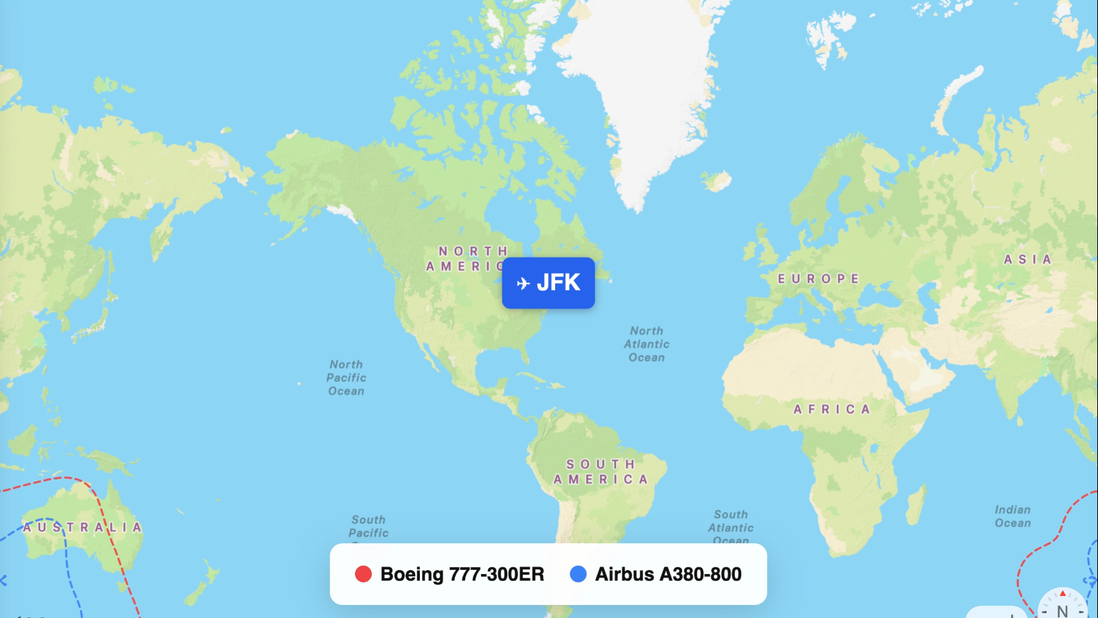 Map comparing range of A380-800 and 777-300ER