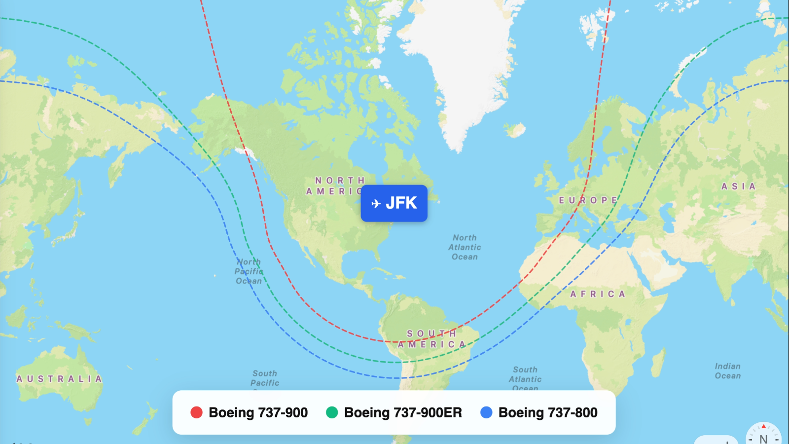 Map comparing range of 737-800 and 737-900 and 737-900ER