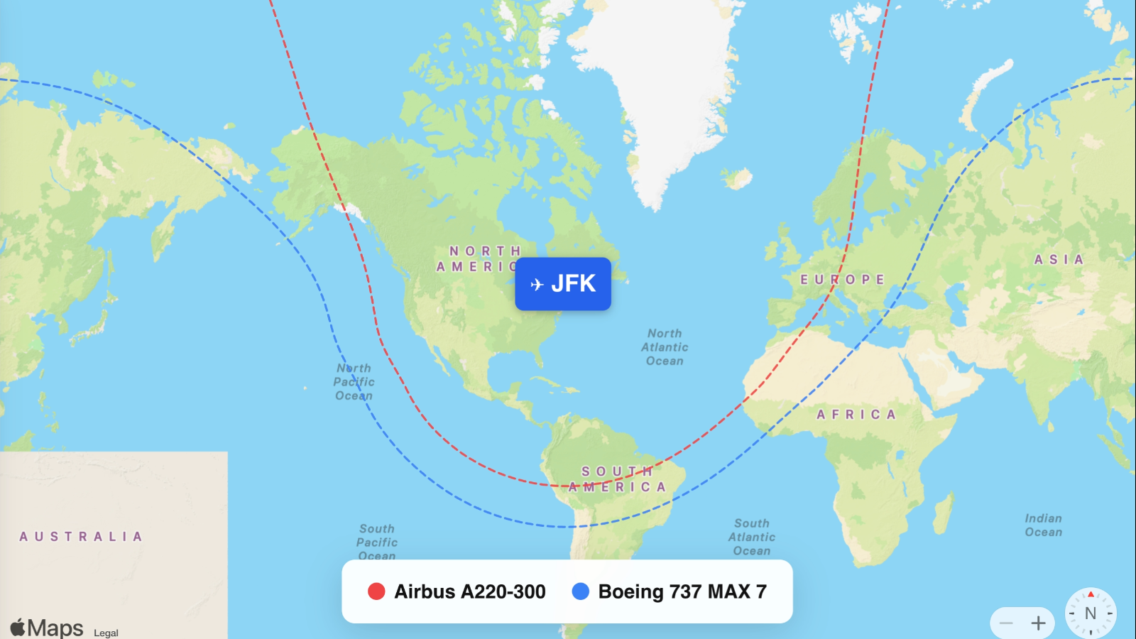 Map comparing range of 737 MAX 7 and A220-300