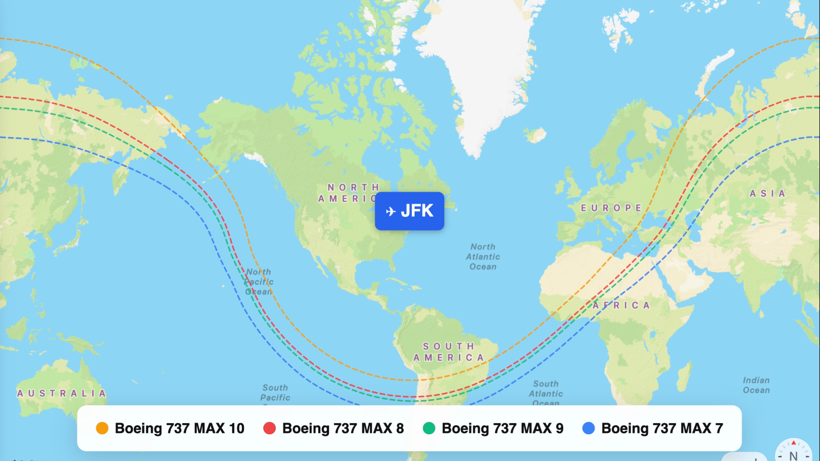Map comparing range of 737 MAX 7 and 737 MAX 8 and 737 MAX 9 and 737 MAX 10
