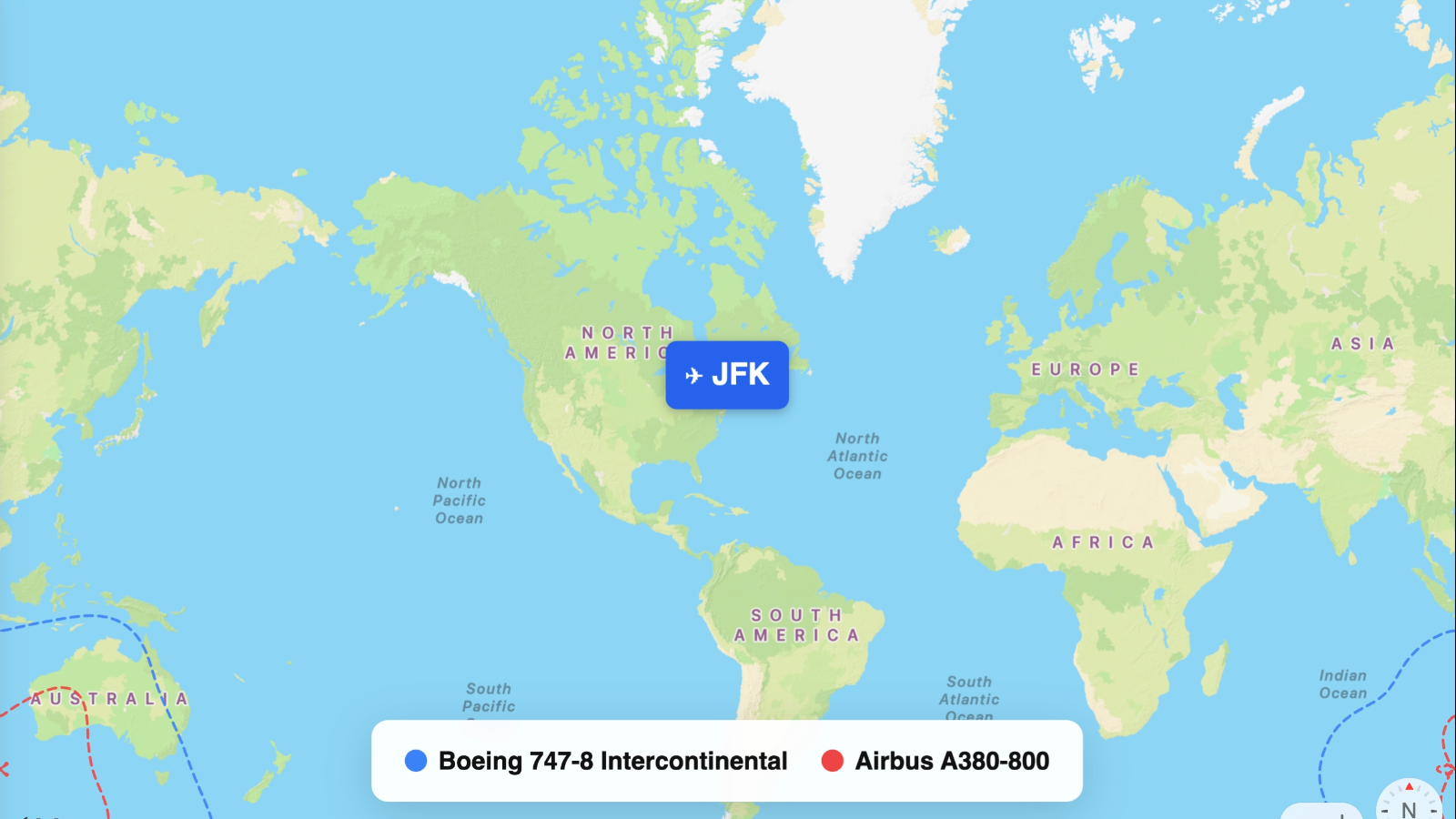 Map comparing range of 747-8 Intercontinental and A380-800
