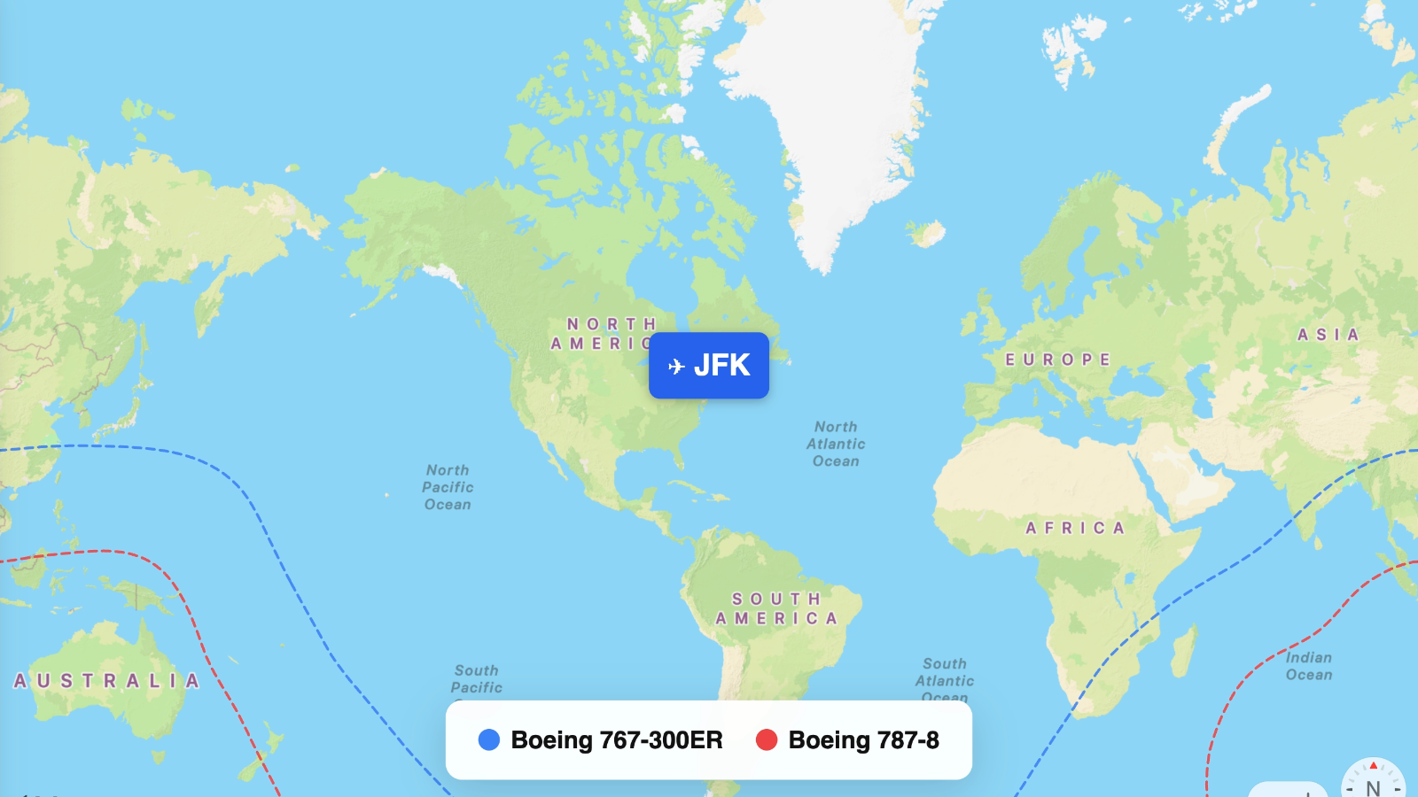 Map comparing range of 767-300ER and 787-8