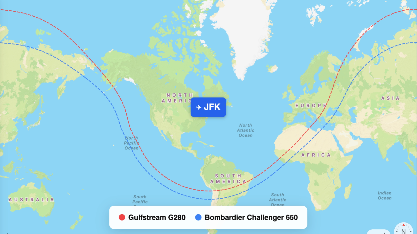 Map comparing range of Challenger 650 and G280
