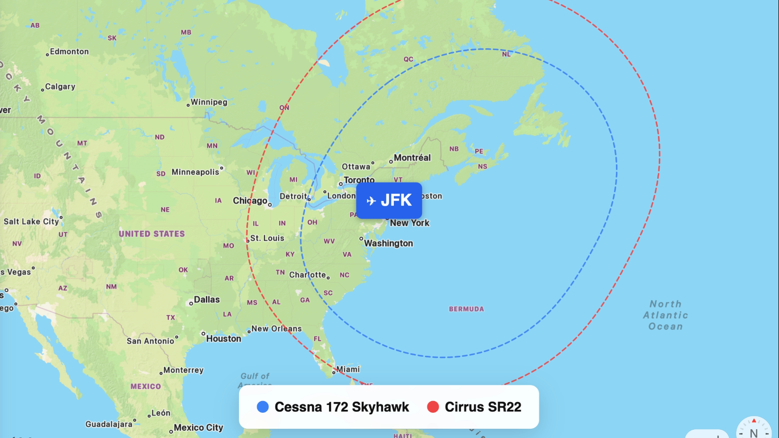Map comparing range of 172 Skyhawk and SR22