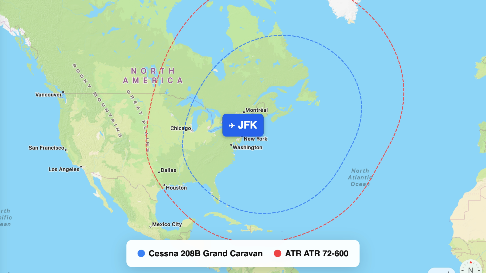 Map comparing range of 208B Grand Caravan and ATR 72-600