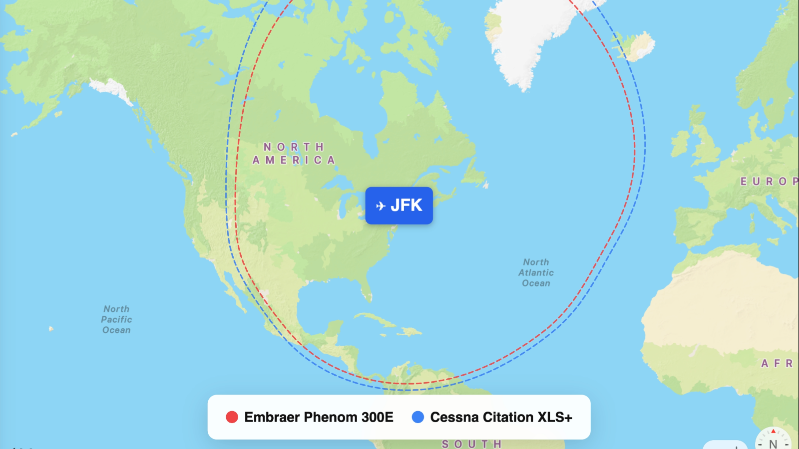 Map comparing range of Citation XLS+ and Phenom 300E