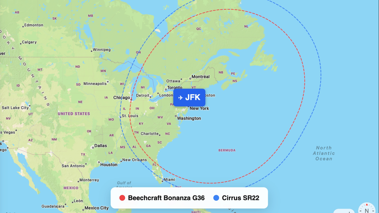 Map comparing range of SR22 and Bonanza G36