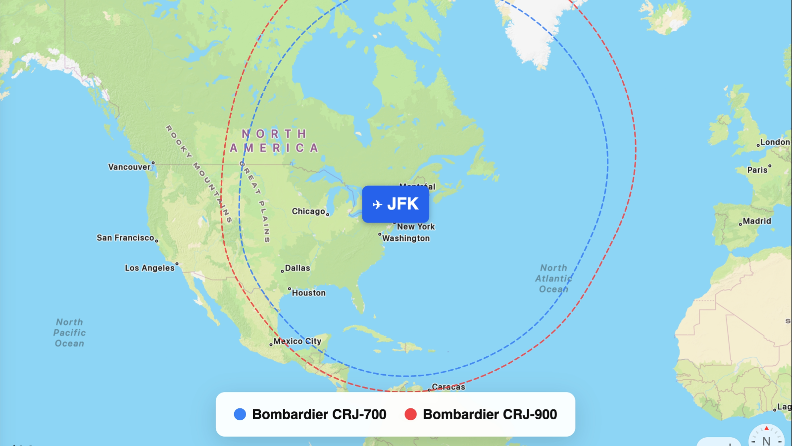 Map comparing range of CRJ-700 and CRJ-900