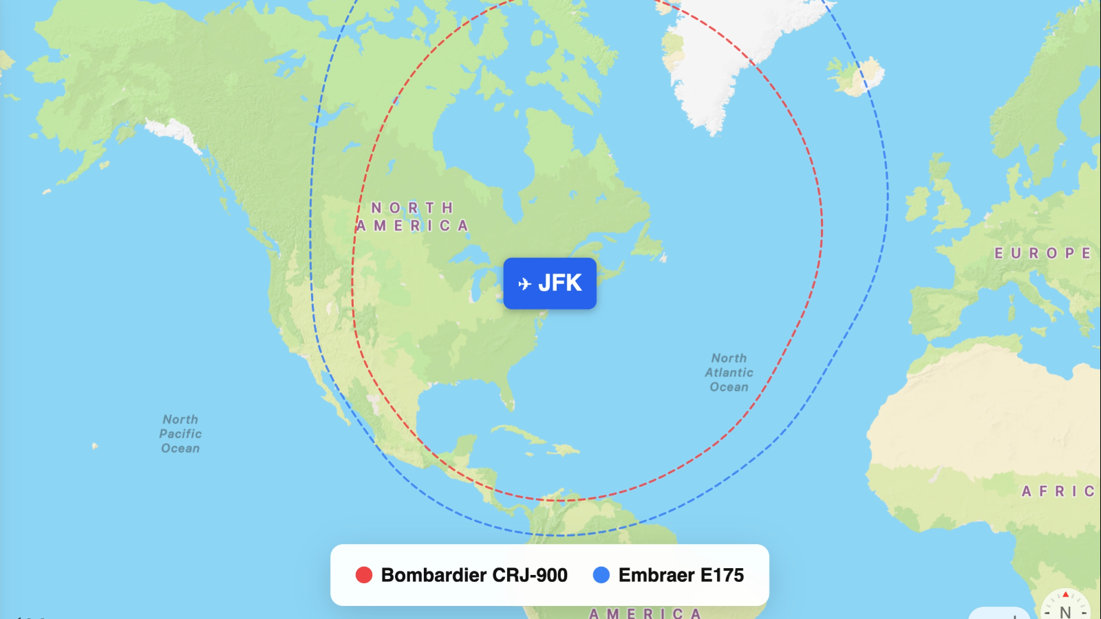 Map comparing range of E175 and CRJ-900