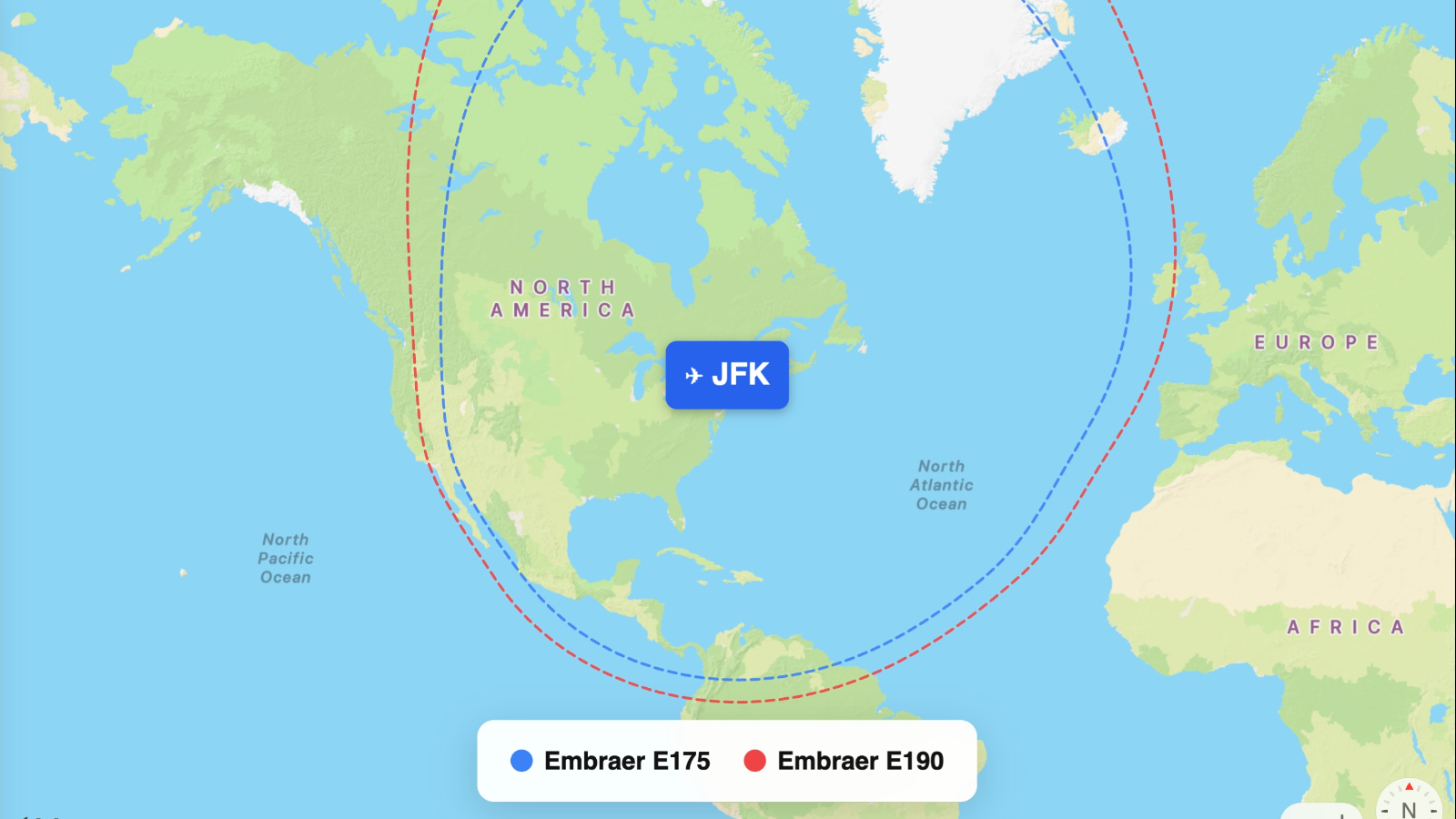 Map comparing range of E175 and E190