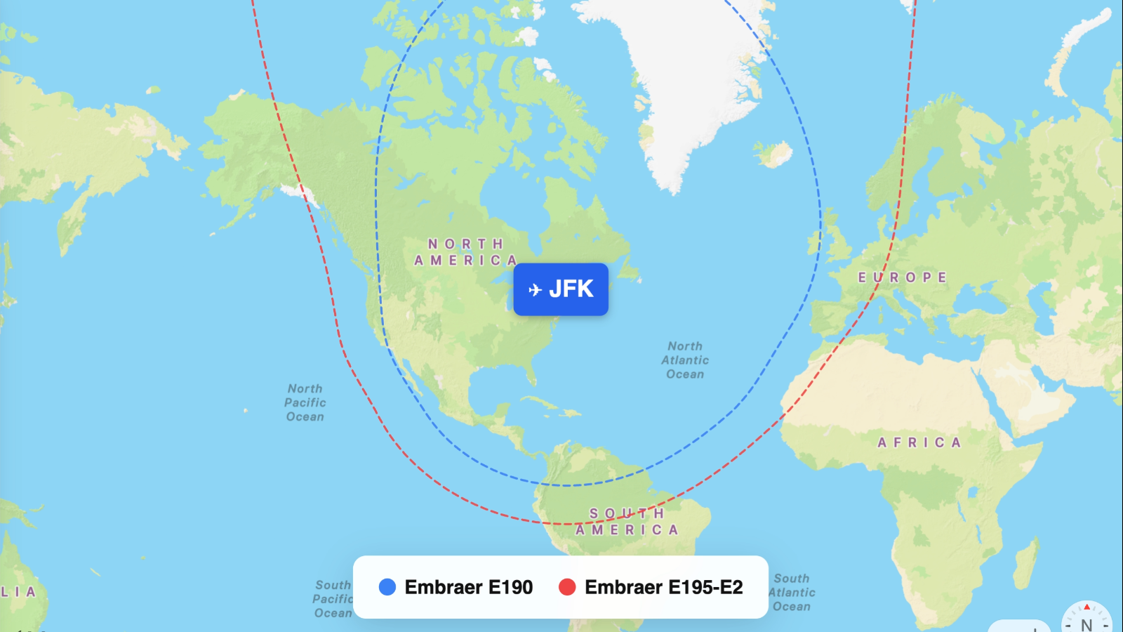 Map comparing range of E190 and E195-E2