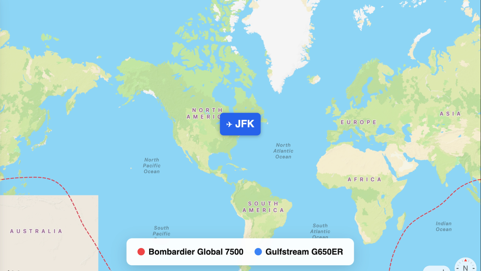 Map comparing range of G650ER and Global 7500