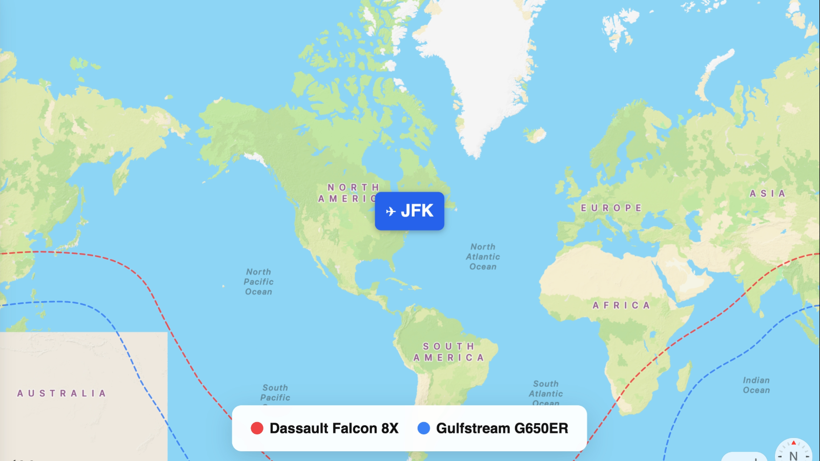 Map comparing range of G650ER and Falcon 8X