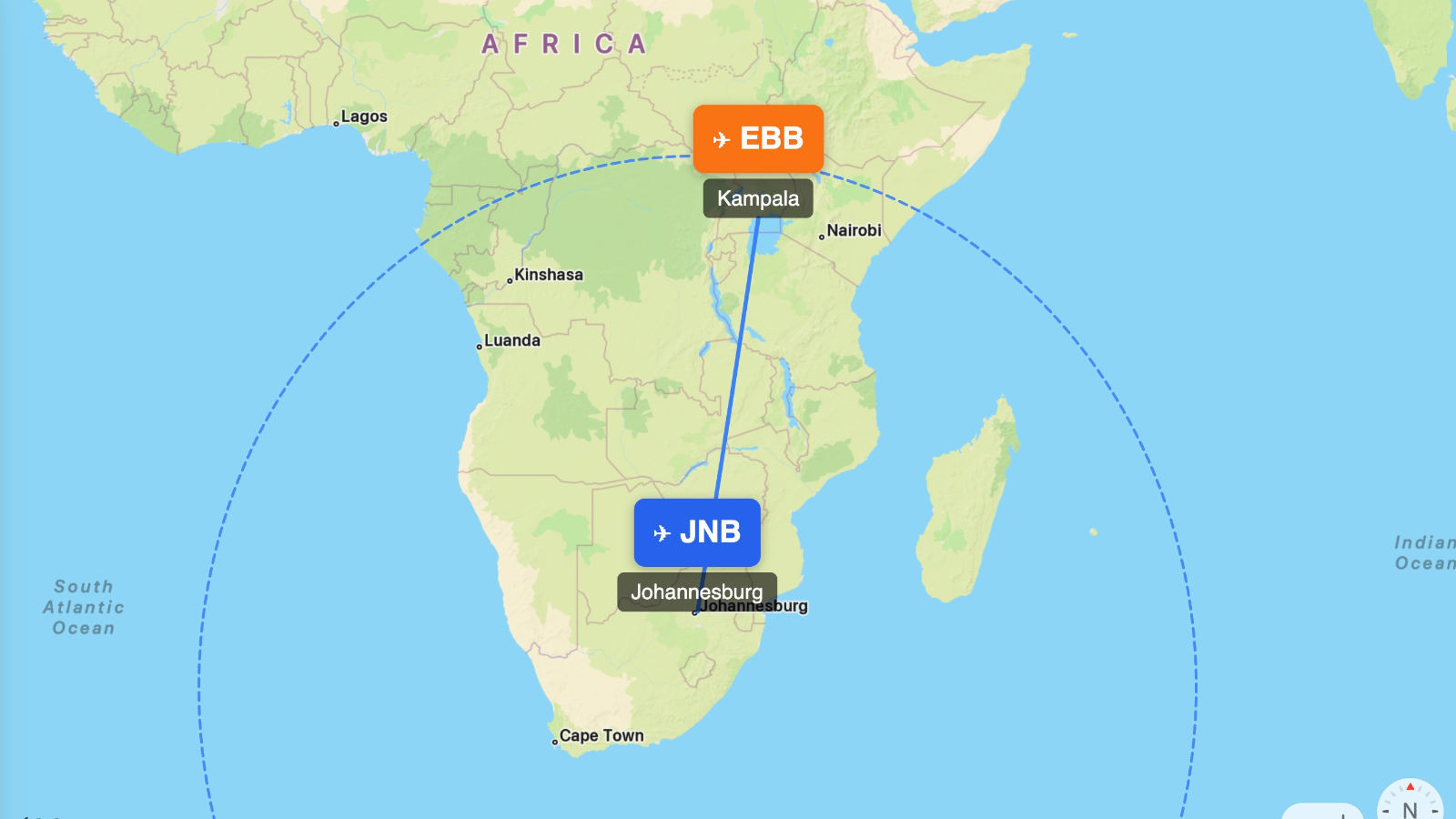 Map showing flight range of Bombardier CRJ-900 from JNB