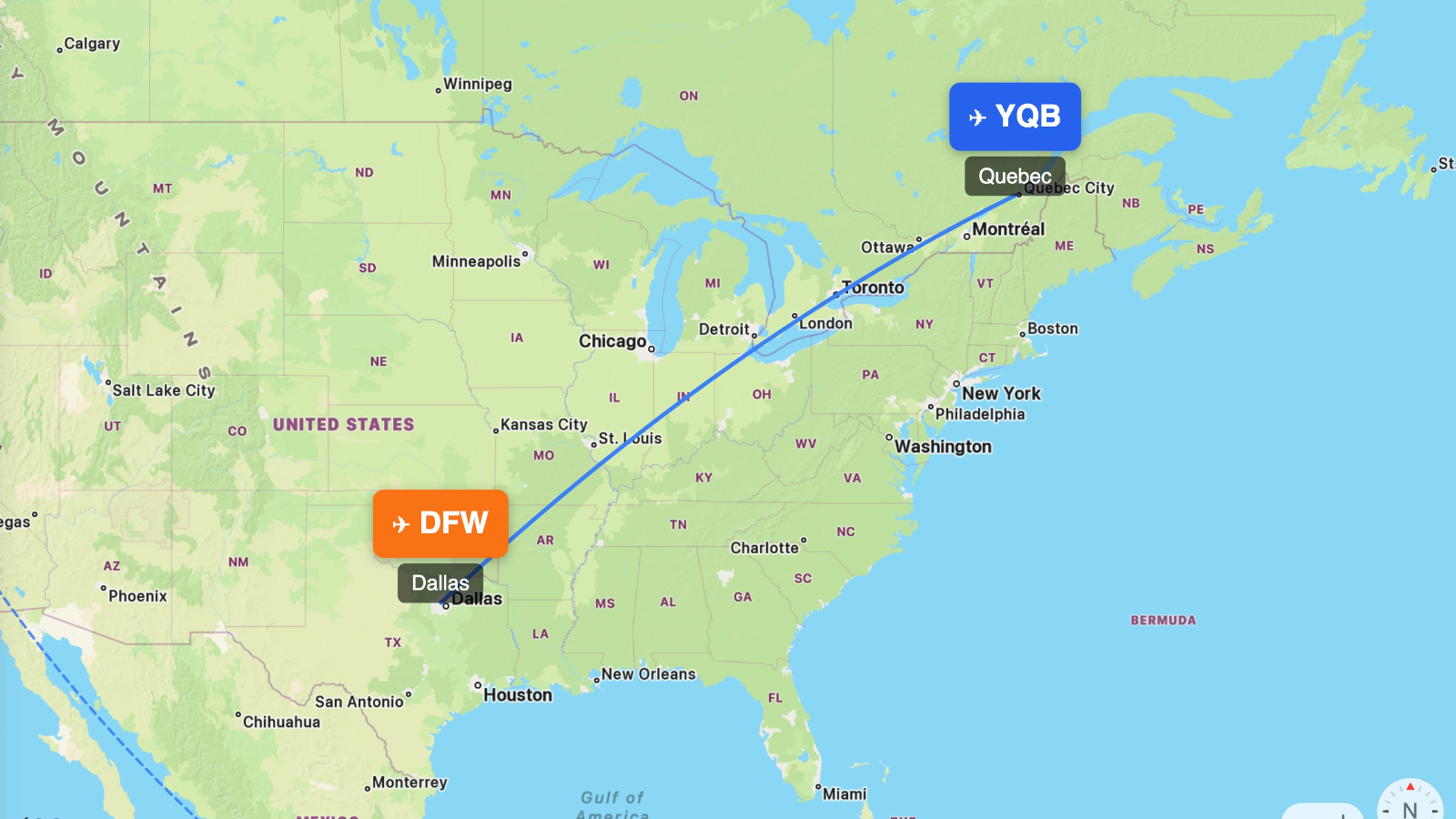 Map showing flight range of Embraer E175 from YQB