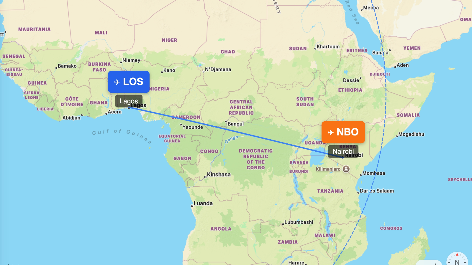 Map showing flight range of Embraer E190 from LOS