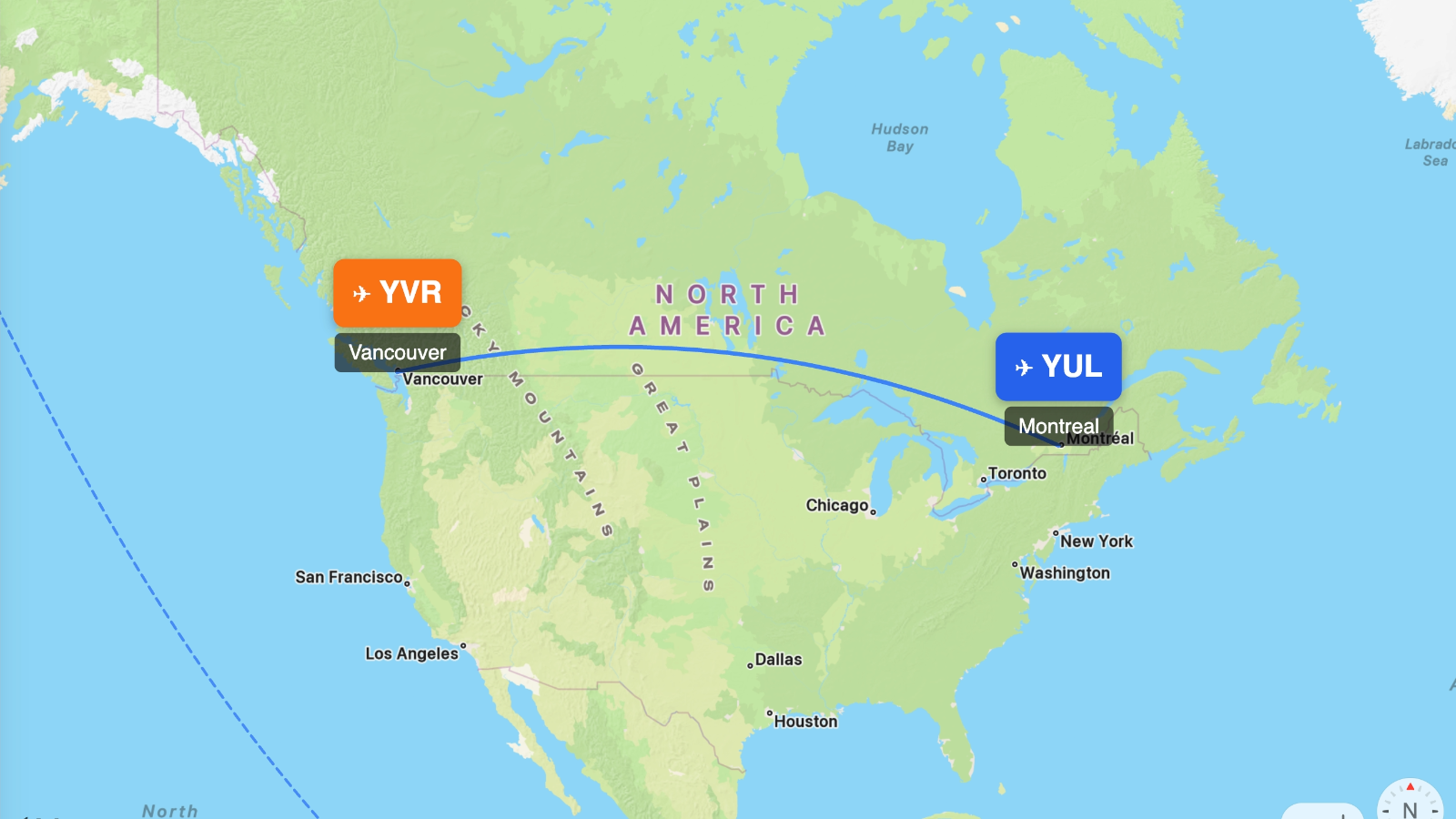 Map showing flight range of Embraer E195-E2 from YUL