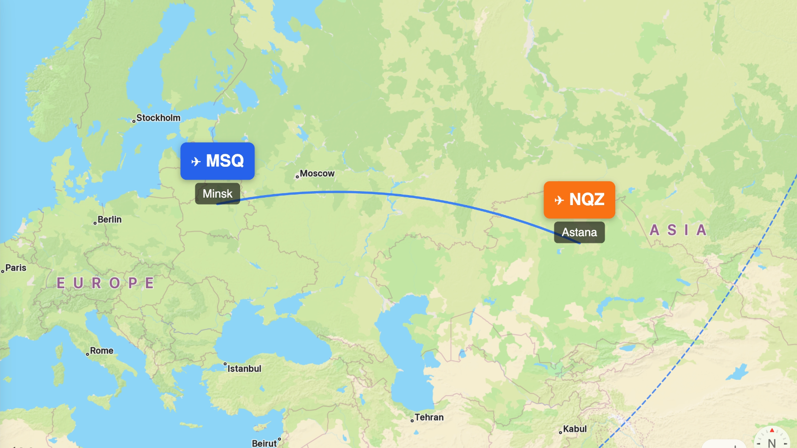 Map showing flight range of Embraer E195 from MSQ