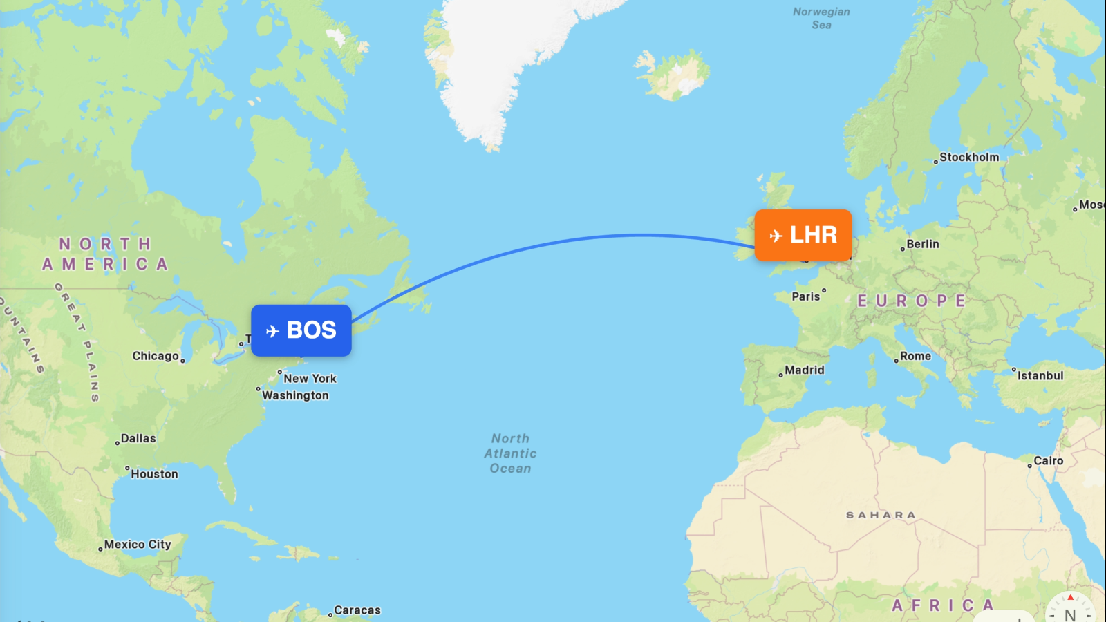 Map of the Boston (BOS) – London (LHR) route