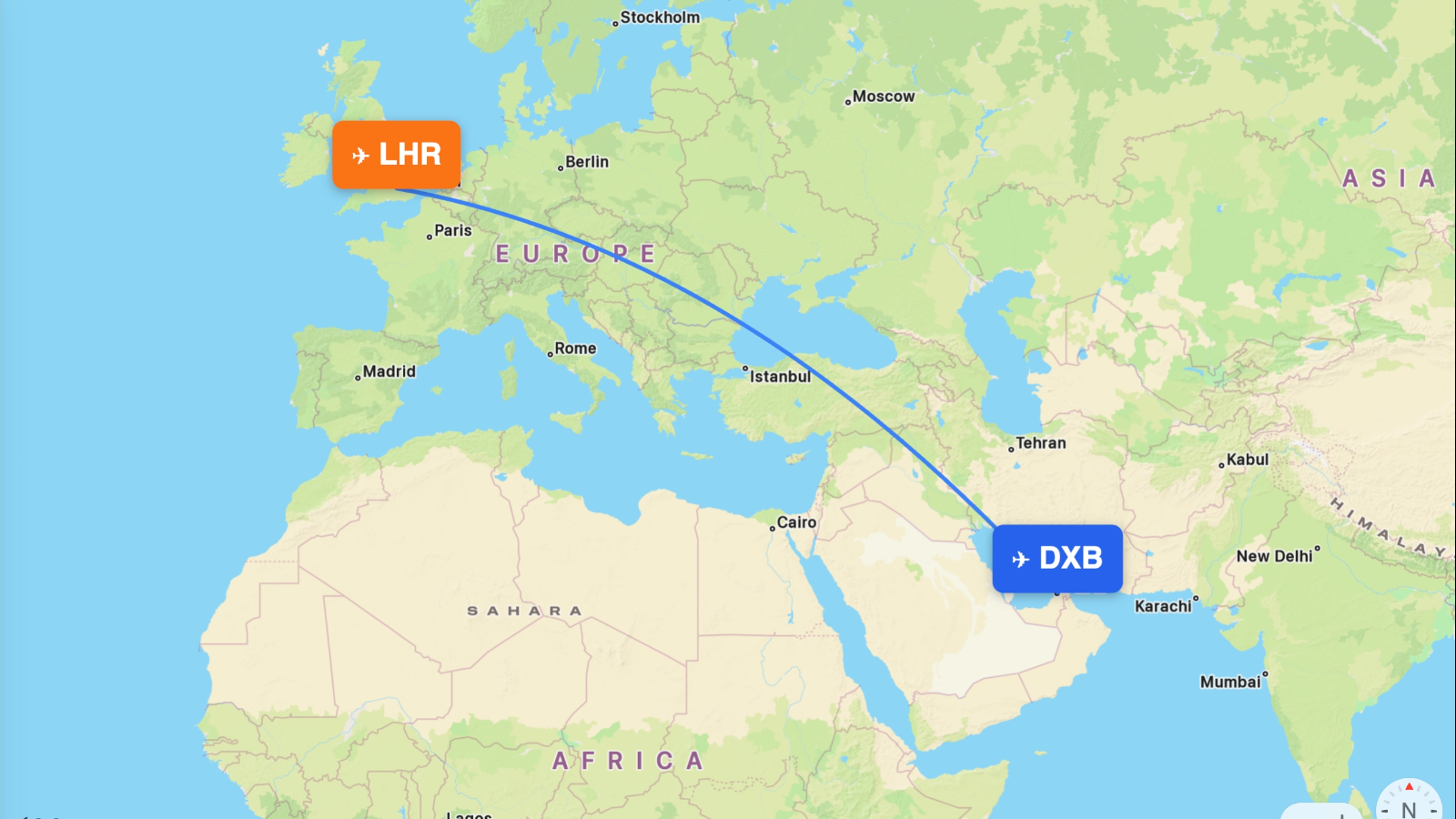 Map of the London (LHR) – Dubai (DXB) route