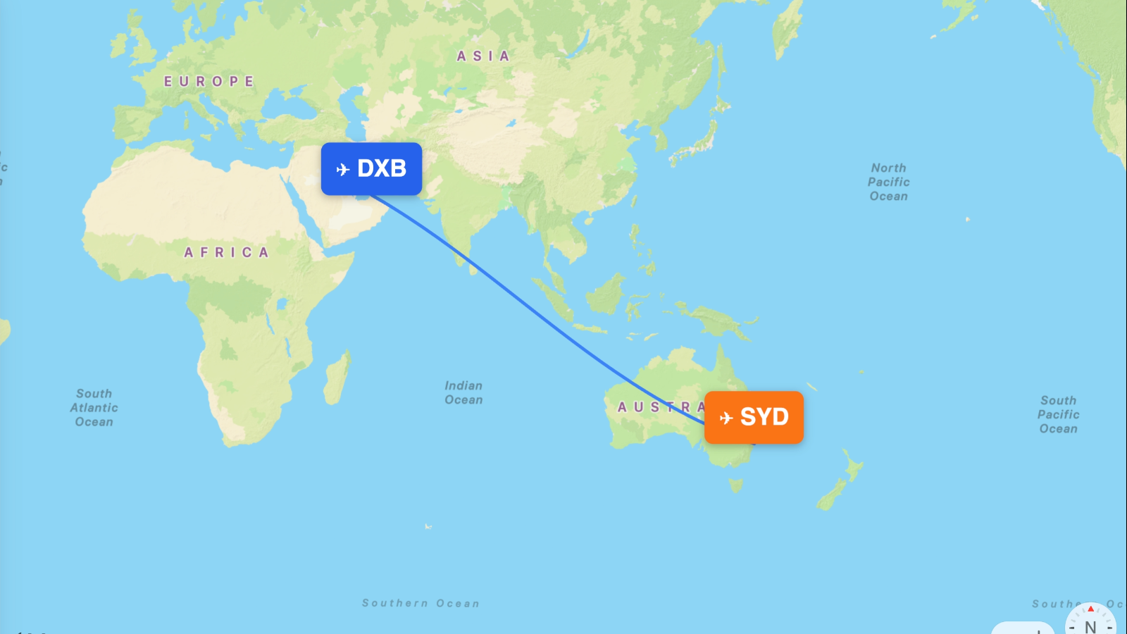 Map of the Dubai (DXB) – Sydney (SYD) route