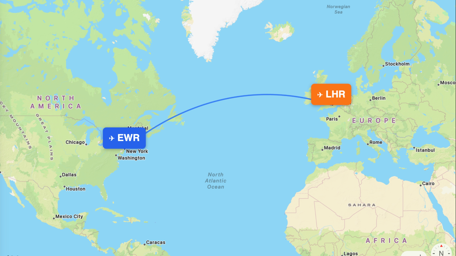 Map of the Newark (EWR) – London (LHR) route
