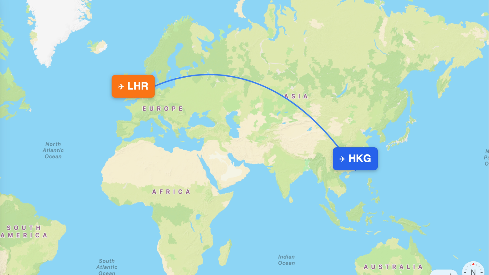 Map of the London (LHR) – Hong Kong (HKG) route