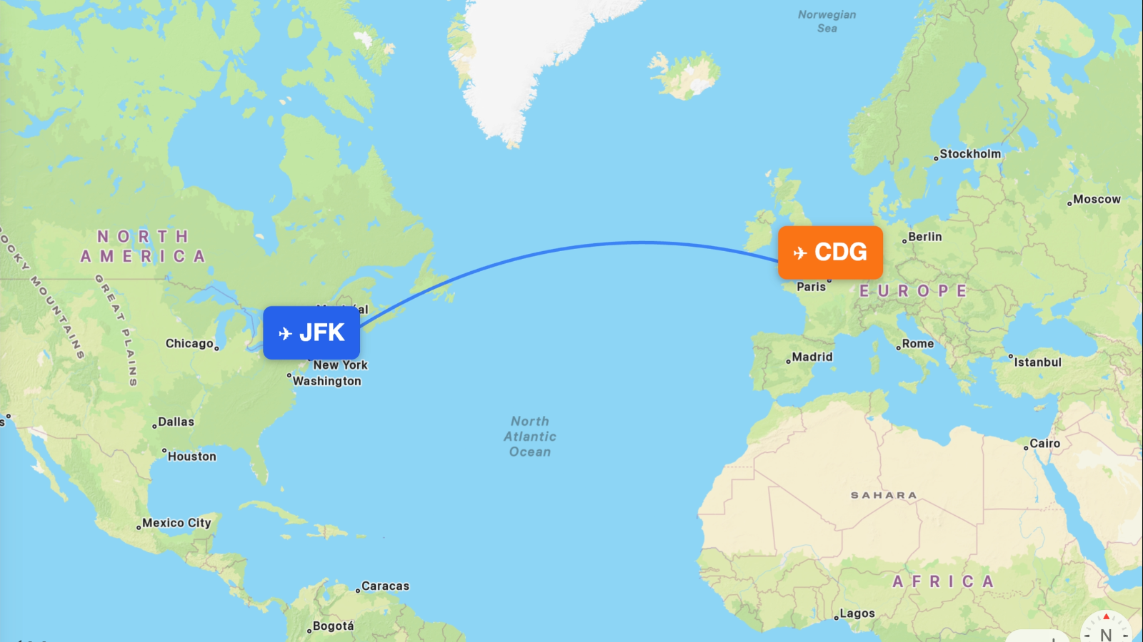 Map of the New York (JFK) – Paris (CDG) route