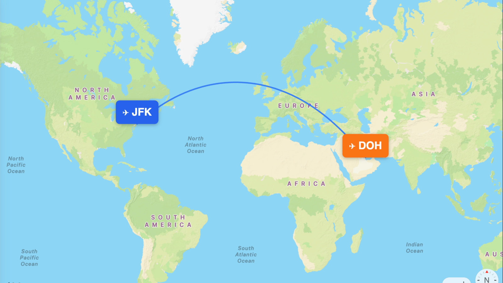 Map of the New York (JFK) – Doha (DOH) route