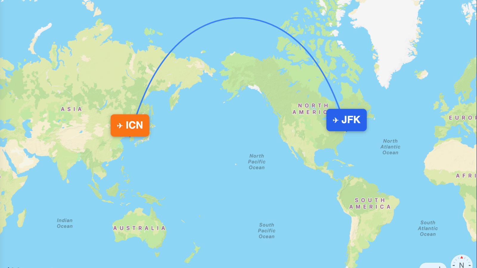 Map of the New York (JFK) – Seoul (ICN) route