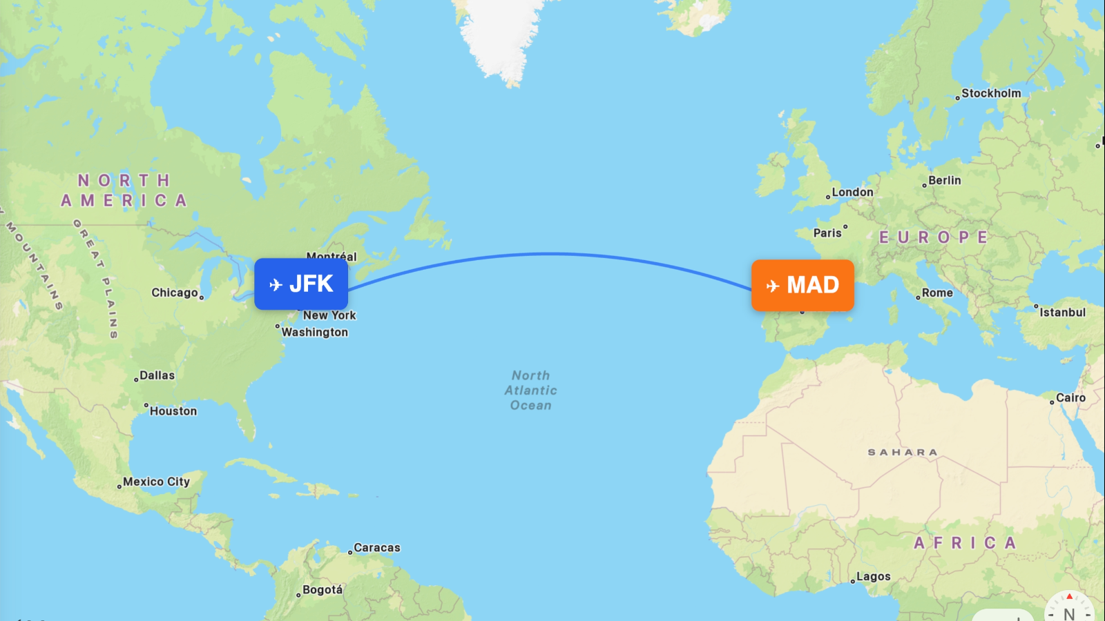 Map of the New York (JFK) – Madrid (MAD) route