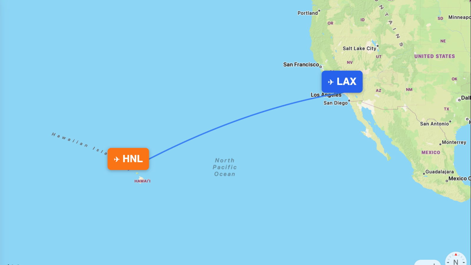 Map of the Honolulu (HNL) – Los Angeles (LAX) route