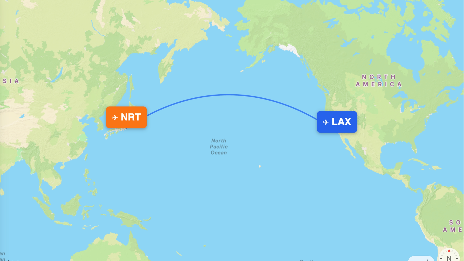 Map of the Los Angeles (LAX) – Tokyo (NRT) route