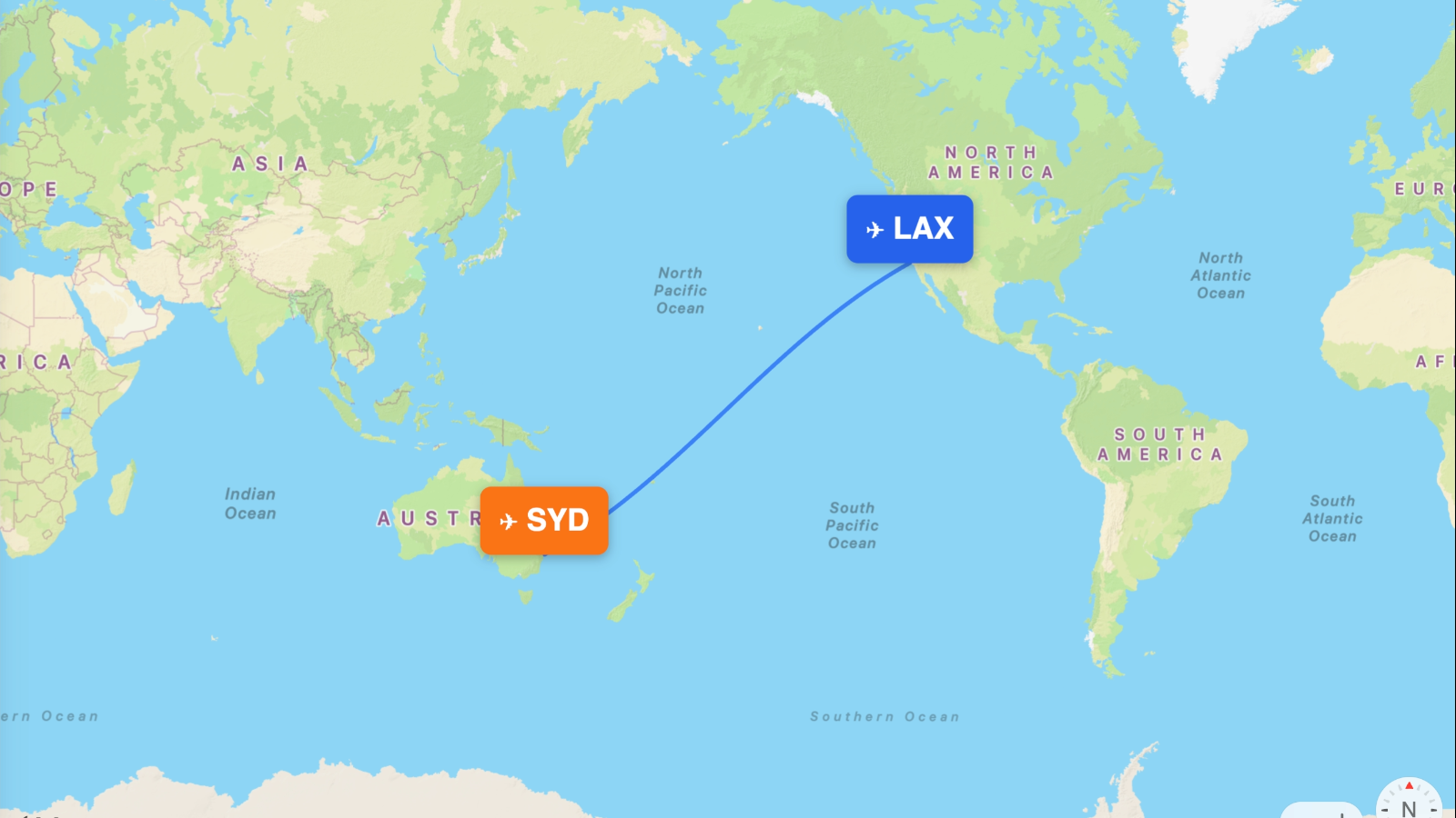 Map of the Los Angeles (LAX) – Sydney (SYD) route