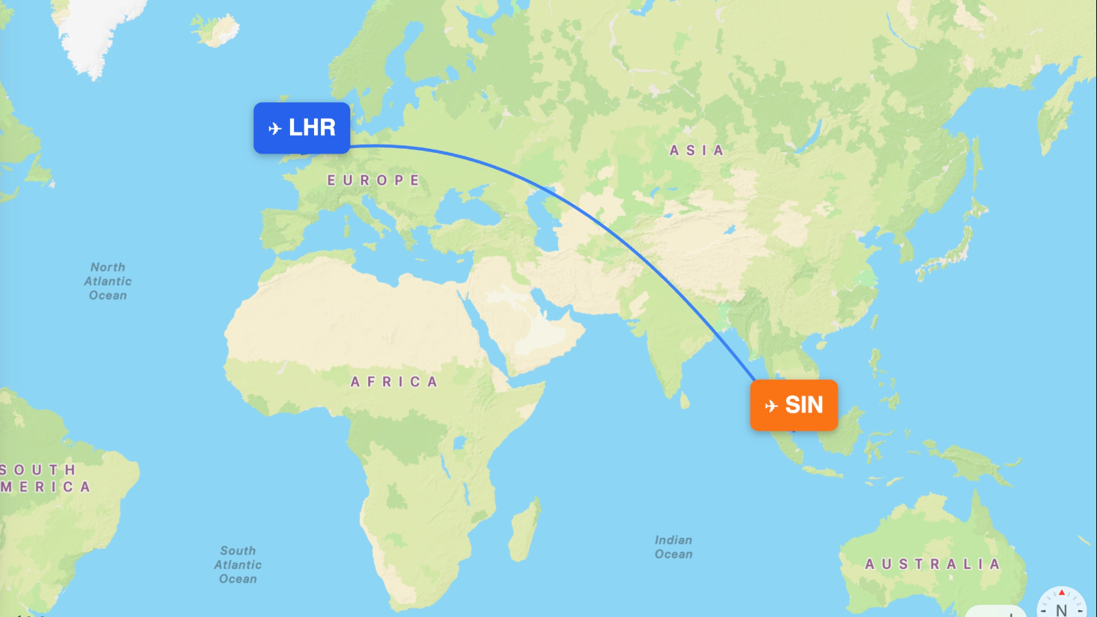 Map of the London (LHR) – Singapore (SIN) route