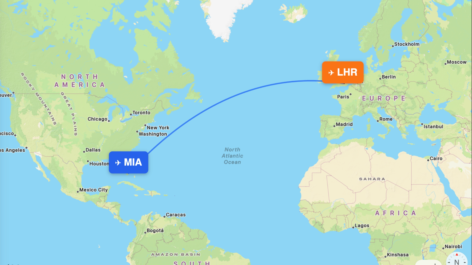 Map of the Miami (MIA) – London (LHR) route