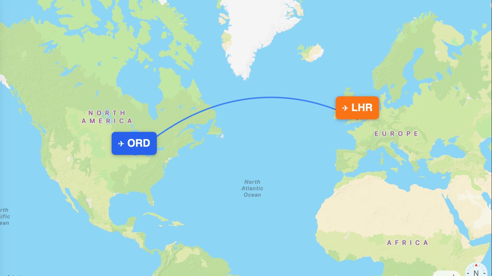Map of the Chicago (ORD) – London (LHR) route