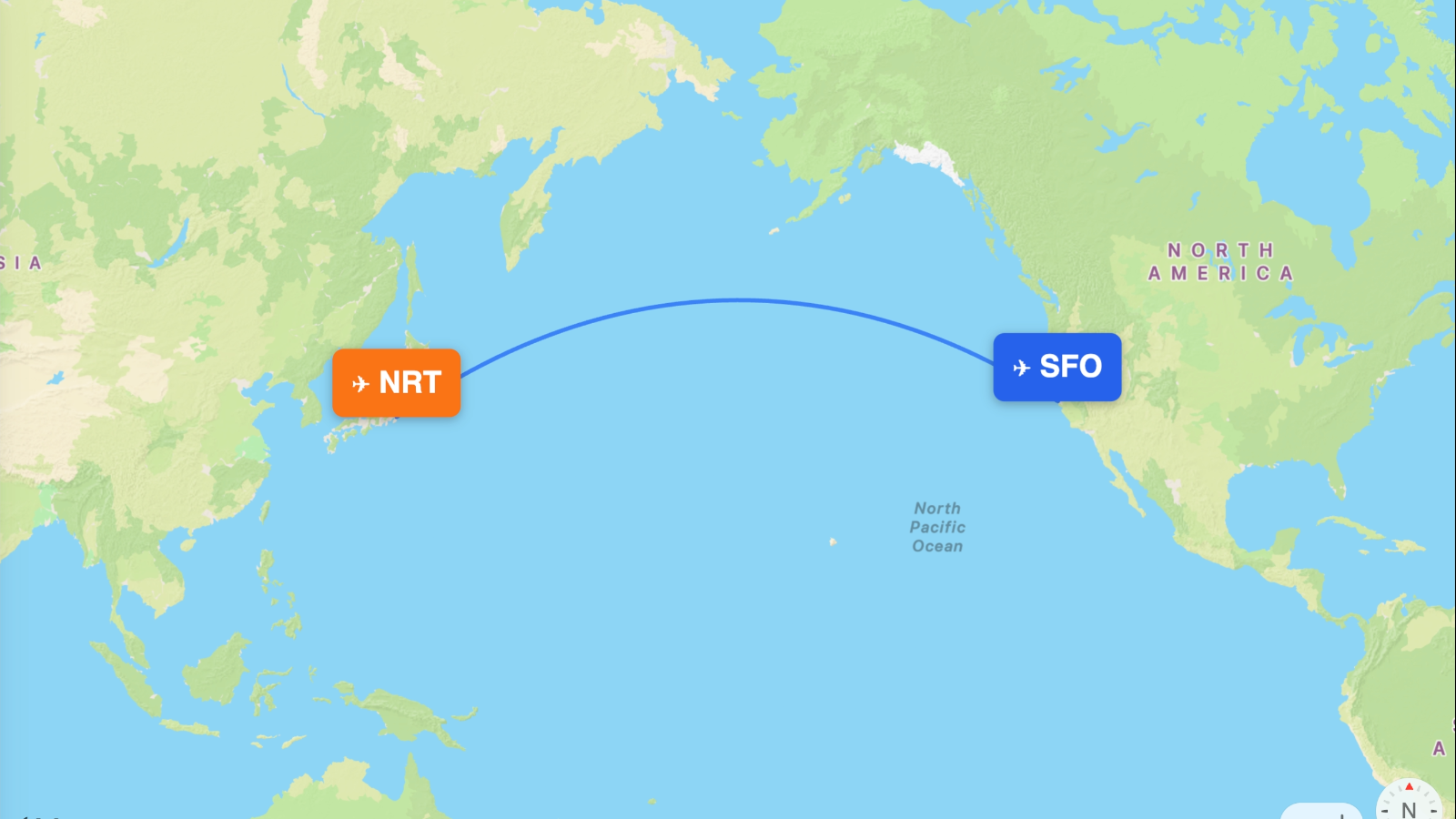 Map of the Tokyo (NRT) – San Francisco (SFO) route