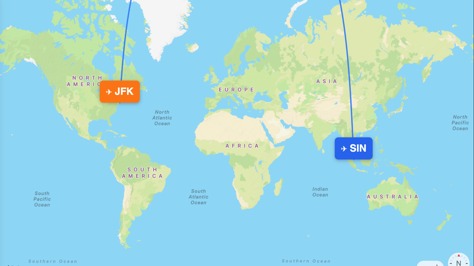 Map of the Singapore (SIN) – New York (JFK) route